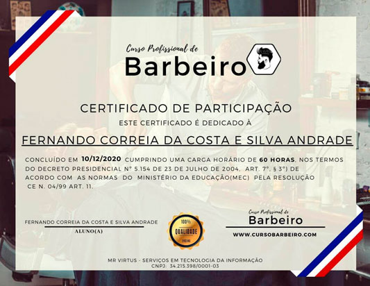 Certificado Curso Barbeiro Online - Frente